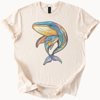 Artistic Whale and Calf T Shirt Colorful Ocean Animal Graphic Sea Life Tee