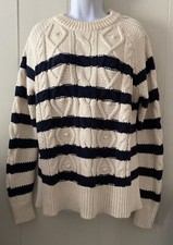 Vineyard Vines Striped Fisherman Chunky Cable Knit Sweater Marshmallow Navy Sz M
