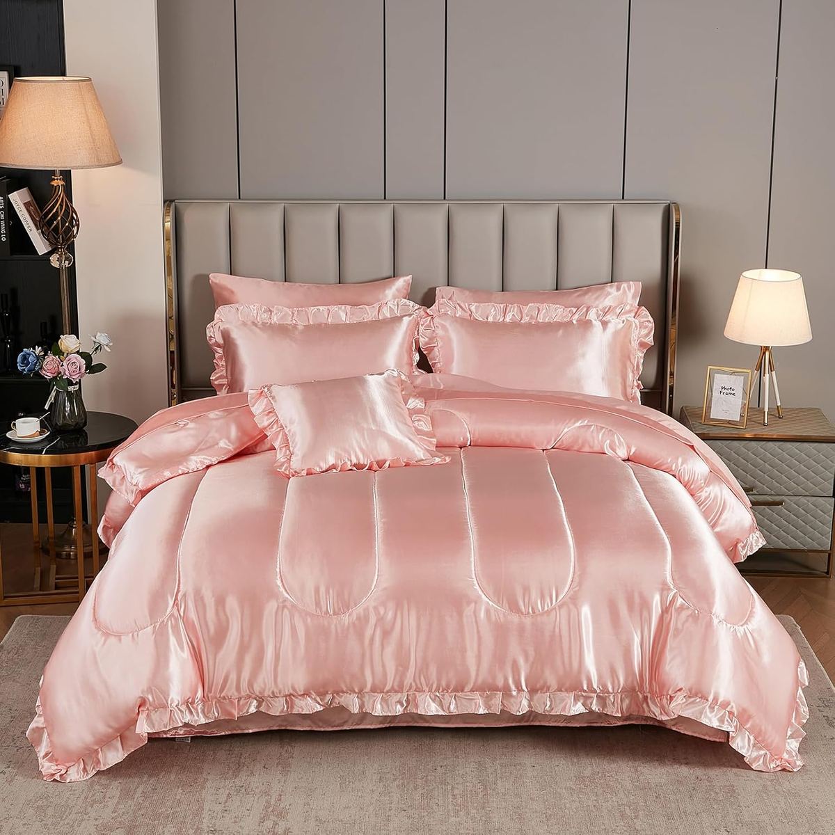 Satin Comforter Set with Sheet Set Queen Pieces Silk like Pink