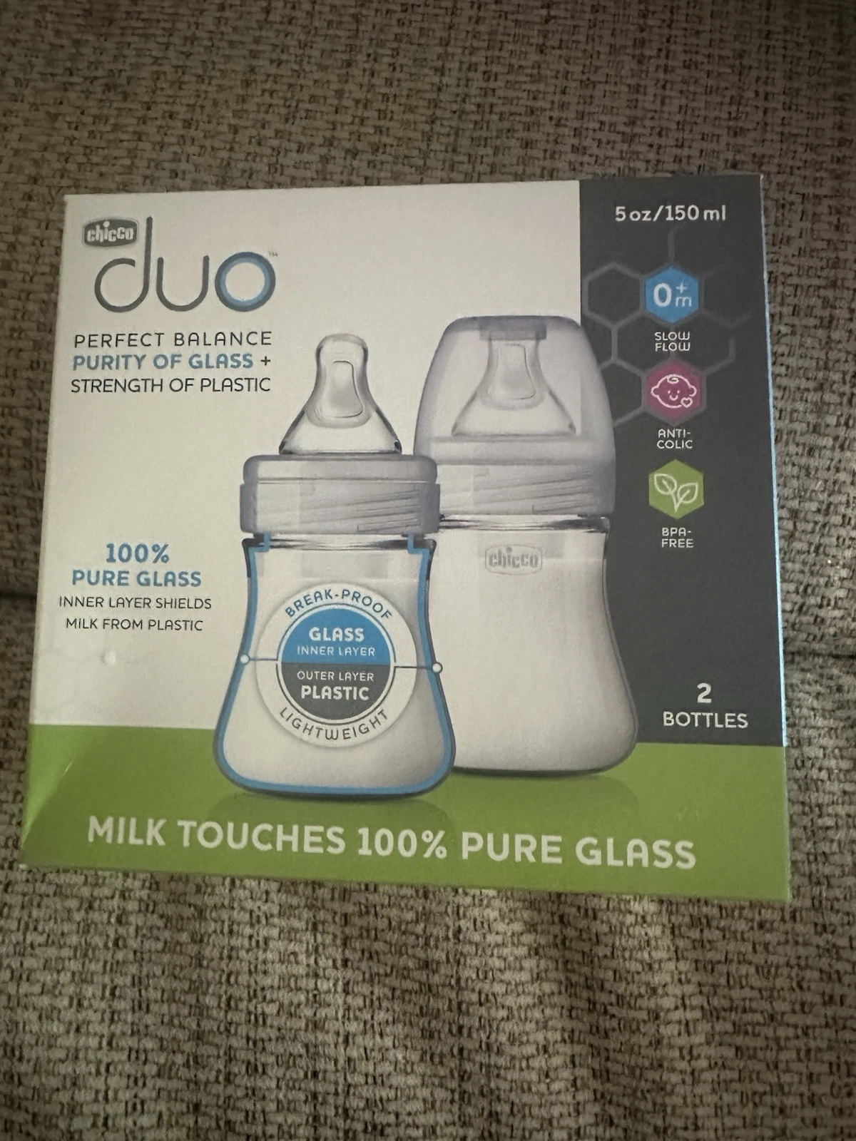 Chicco Duo Hybrid Baby Bottle, Invinci-Glass Inside/Plastic Outside, 5oz, 2-Pack