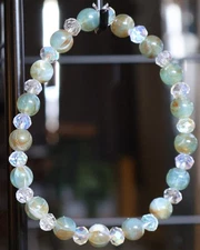 Handmade Bead Necklace 30" and Bracelet 8" Clear Crystals and Green Marble Set