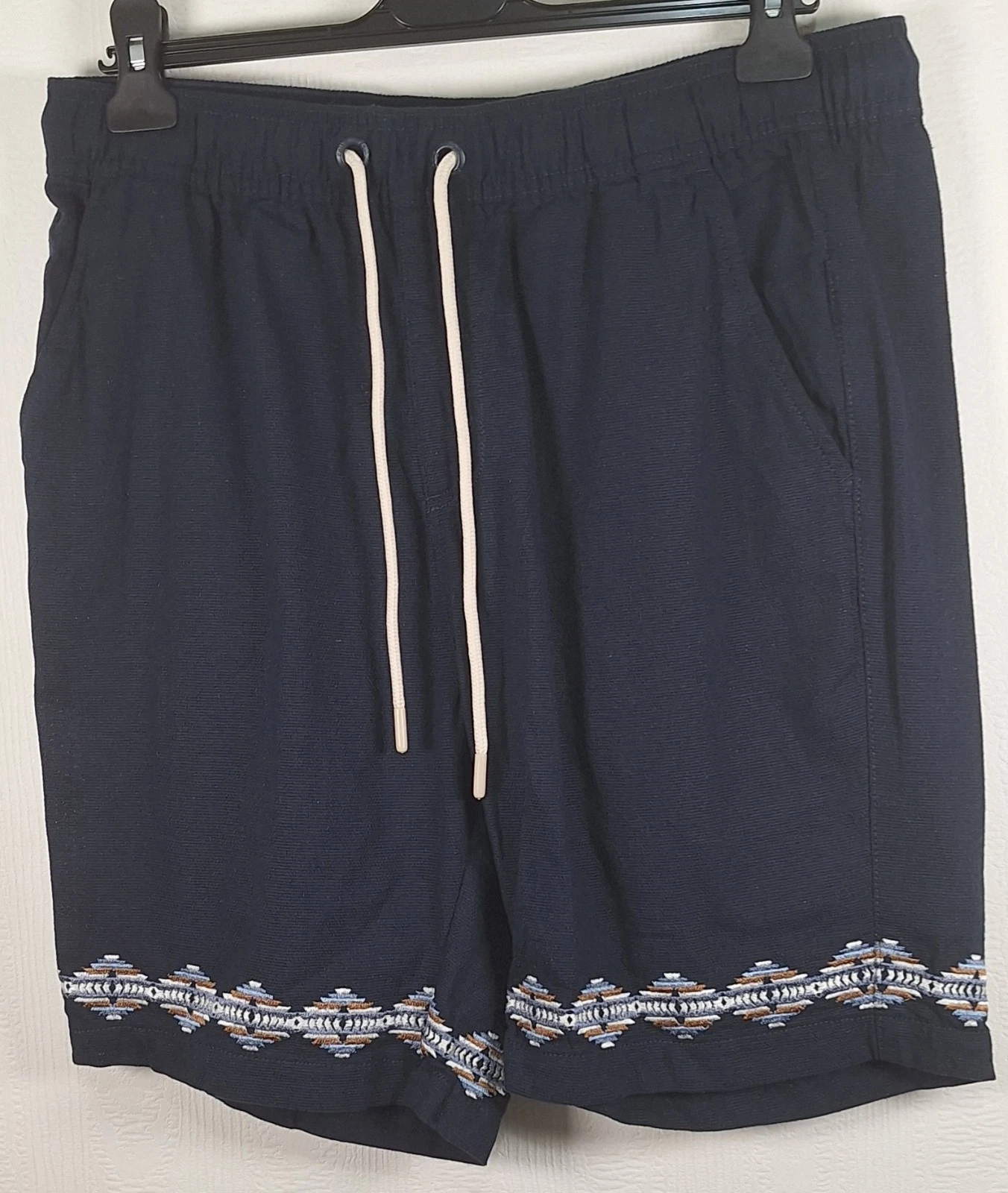 Folk Mens Maya Navy Linen Blend Shorts With Aztec Embroidery- Size Large, New