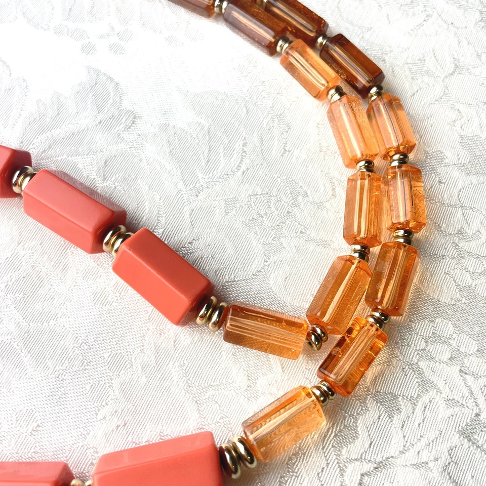 Coldwater Creek Coral Laranja Bronzeado Hexágono Barril Frisado Colar Declaração Longa - Imagem 4 de 4