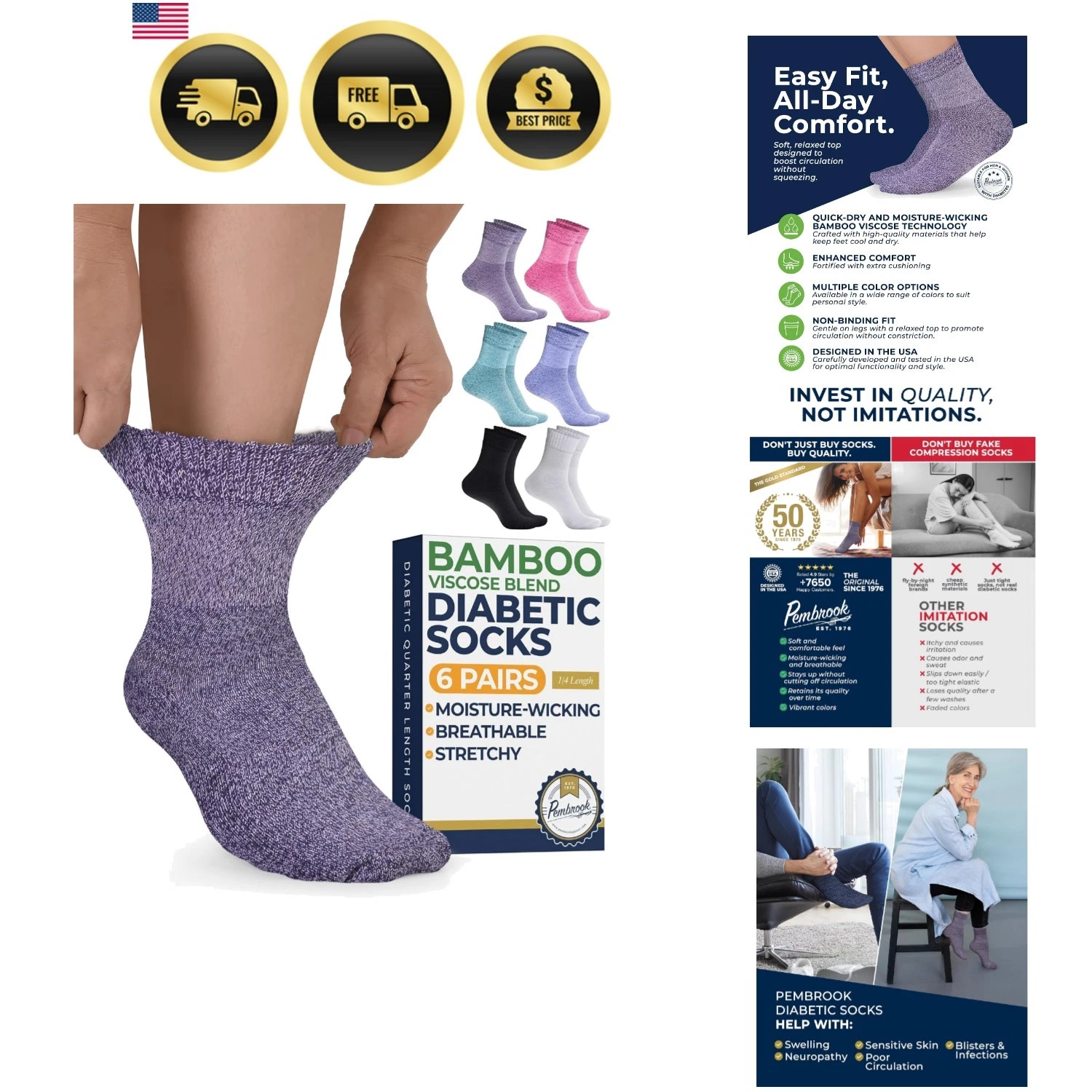 Bamboo Viscose Diabetic Socks for Women & Men - 6 Pairs Ankle Socks for Swoll...