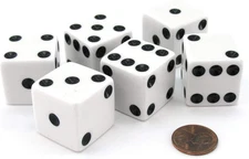 Set of 6 D6 25Mm Large Opaque Jumbo Dice - White with Black Pip by Koplow Games