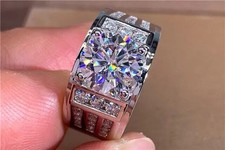 3Ct Round Cut Real Moissanite Men's Halo Engagement Ring 14K White Gold Plated