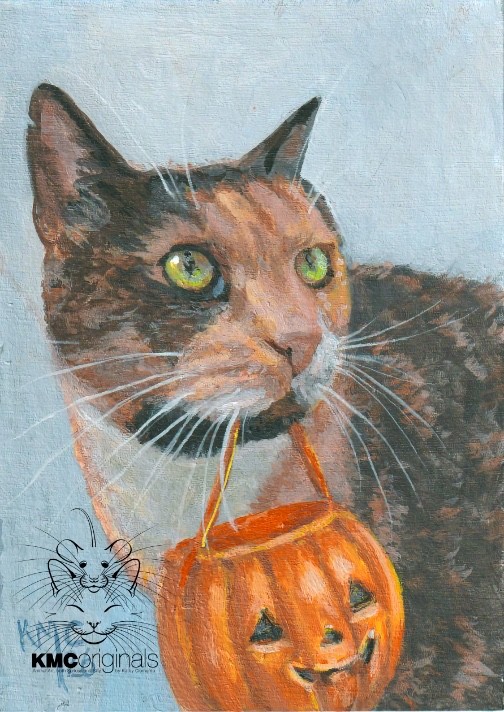 KMCoriginals Cat Calico Halloween pumpkin trick or treat no costume ACEO art