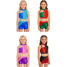 Girls Outfit Mock Neck Set Color Block Dancewear Gymnastics Tracksuit Crop Top