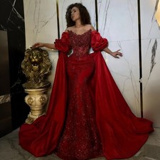 Sparkly Red Mermaid Evening Dresses Off The Shoulder Detachable Train Prom Gowns