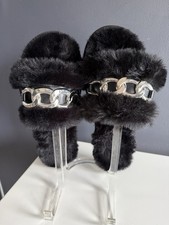 Michael Kors Scarlett Faux Fur Slides Cozy Fluffy Slippers Chain Detail Size 9