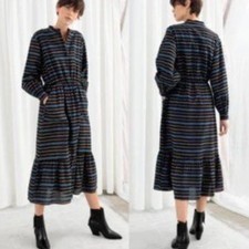 & OTHER STORIES Paris Atelier Tier Cotton/Linen Stripe Cotton Midi Boho Dress 2