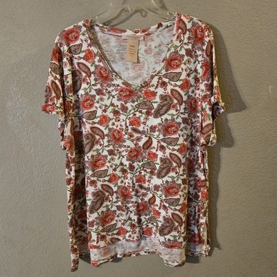 Philosophy Womens Pink Floral V Neck Short Sleeve Pima Cotton Top Hi/Low Hem XXL