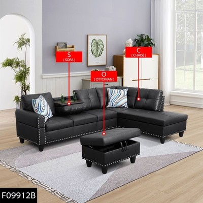 Black Faux Leather Synthetic Leather 3pc Sofa Set Sturdy Frame Living Room Couch