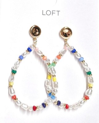 Loft Pearlized Bead Teardrop Dangle Earrings Pearl Multi-Color Goldtone New