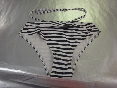 Tempt Me womens M black white stripe bikini swim  bottoms belt strap NWT