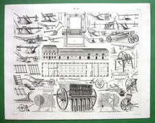 FARMING in 19th C Plows Harrows Various Machines Farmhouse - 1844 Antique Print