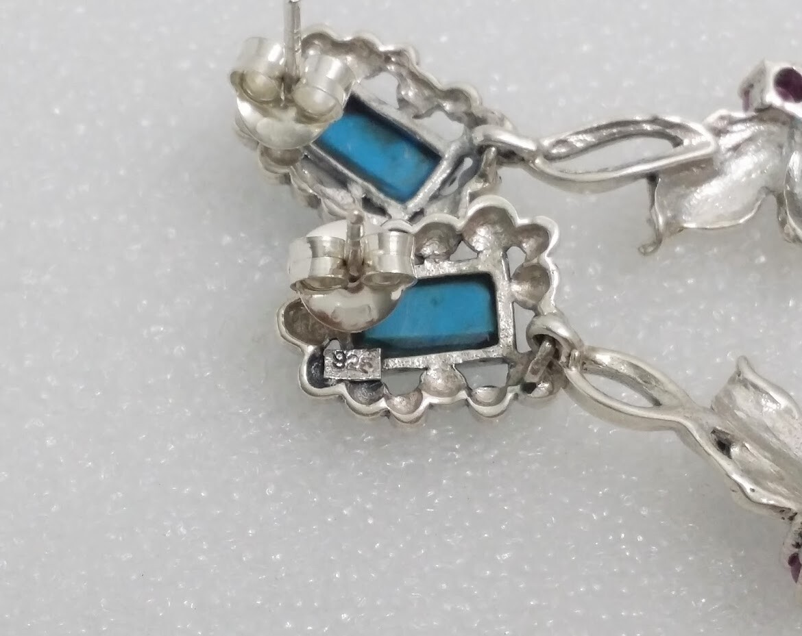 925 Silver Marcasite Ruby Stabilized Turquoise Le… - image 8