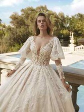 Princess V-neck Wedding Dresses Long Puff Sleeves Appliques Classic Bridal Gown