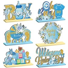 6 Pcs Baby Shower Blue Centerpiece Table Decorations Gender Reveal Wooden Tab...