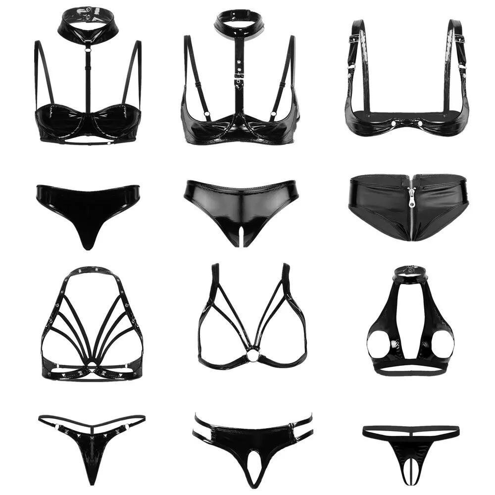 Women's Sexy Lingerie Wet Look PVC Leather Bra Top Panties Set