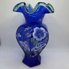 Vintage Fenton 75th Anniversary 1998 Cobalt Blue Vase Hand Painted & Signed/Mint