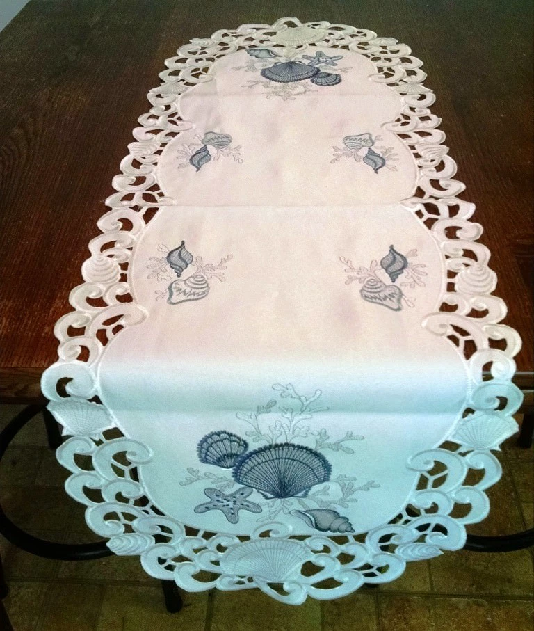 Doily Boutique Table Runner, Doily, Mantel Scarf with Blue Seashells on White - Image 2 of 4