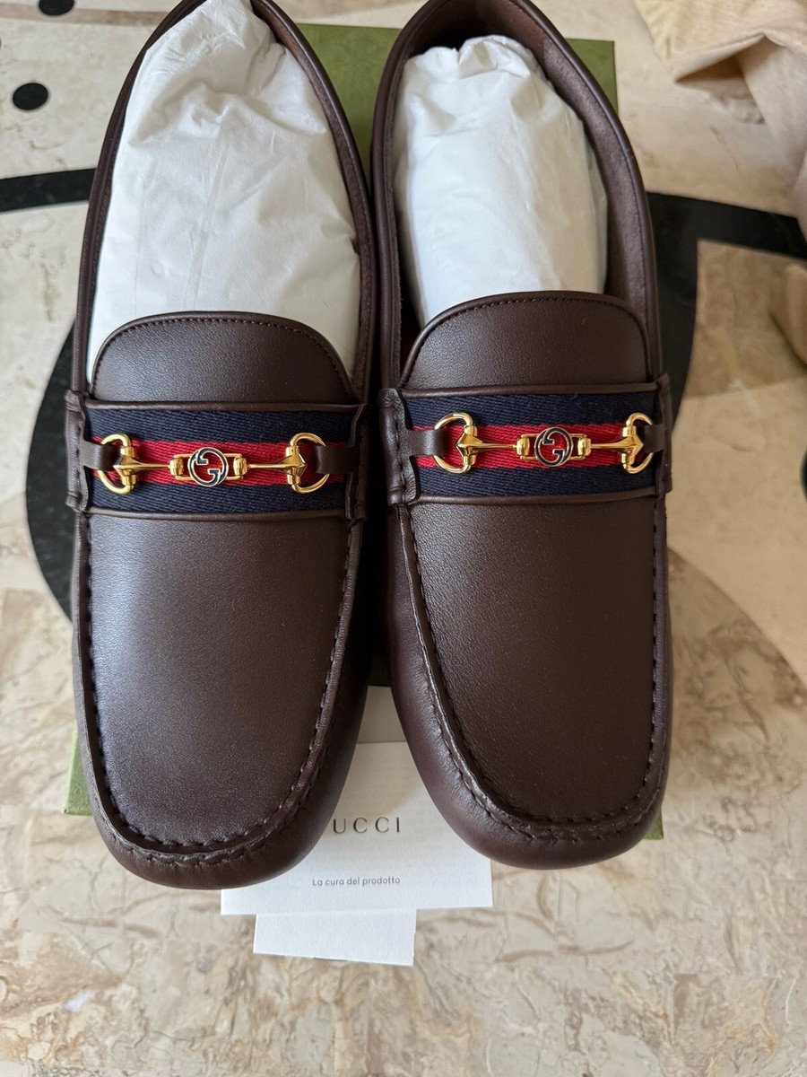 New Gucci Brown Leather GG buckle canvas strip Loafers Shoes  display picture 2