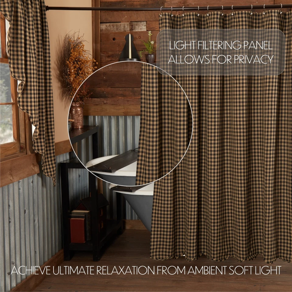 Gancho de cortina de ducha de algodón a cuadros negro y tostado agujeros y bolsillo de varilla con dobladillo festoneado Foto 4 de 4