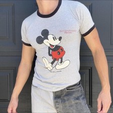 70s Vintage Mickey Mouse Grey Ringer Tee Size Small