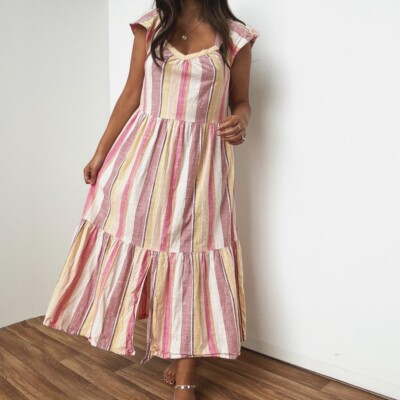Pink white boho 100% cotton striped ruffle maxi long dress UK 10