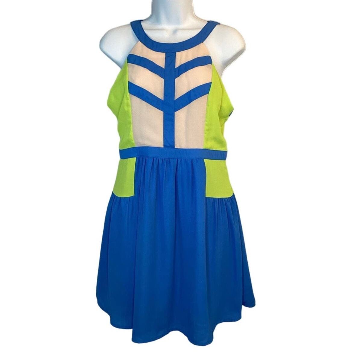 DejaVu Neon Fit & Flare Halter Mini Dress Size M Zipper Geometric Blue Green