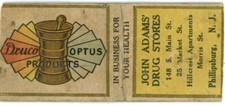 John Adam's Drug Store Dxuco Optus Products Phillipsburg Vintage Matchbook Cover