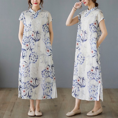 Women Casual Floral Loose Dress Linen Cotton Short Sleeve Cheongsam Retro  Ethnic | eBay