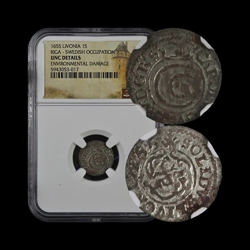 LIVONIA. 1655, 1 Solidus, Silver - NGC UNC - CXG, Sweden, Riga, Griffin