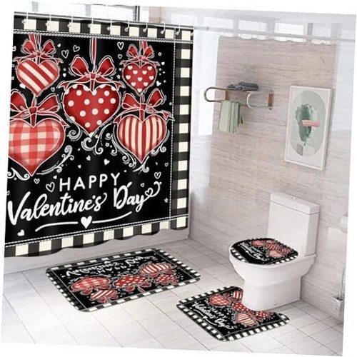 4 Pcs Valentine's Day Shower Curtain Set with Non Slip Rug Toilet Lid Cover - 第 1/8 張圖片