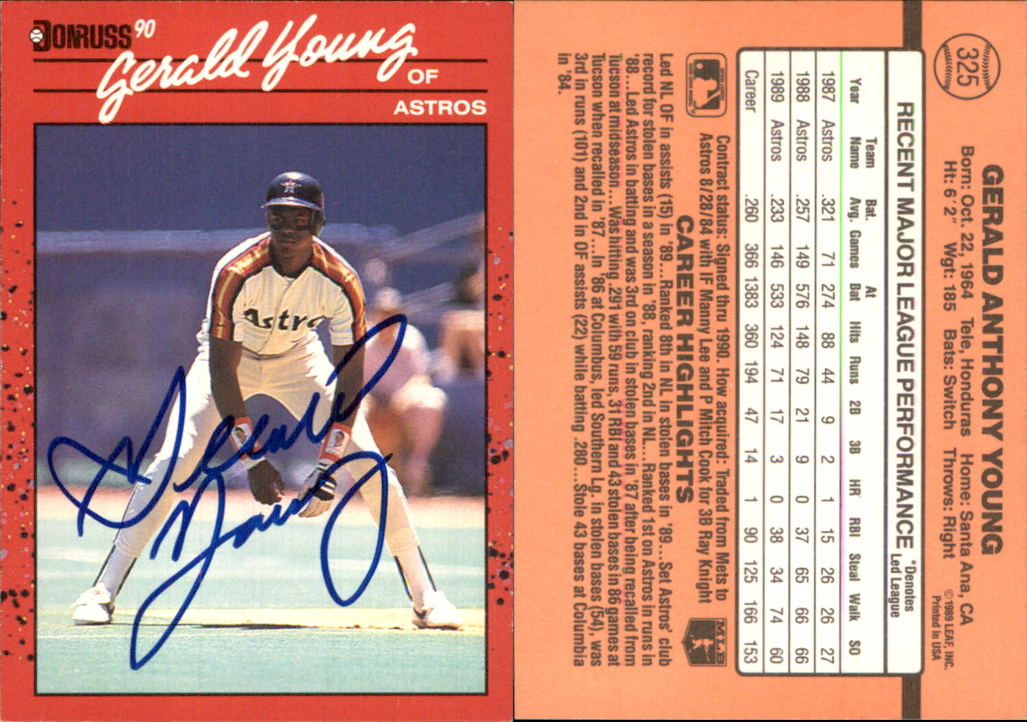 Gerald Young Signed 1990 Donruss #325b Card Houston Astros Auto AU