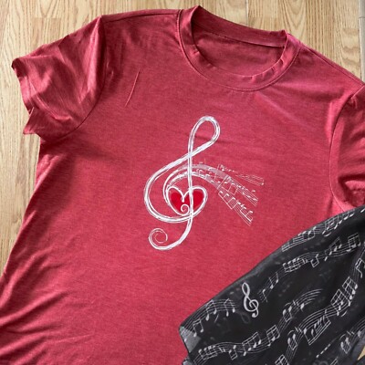 Music Themed Light Red Graphic T Shirt Size XL Treble Clef Heart Coquette Casual