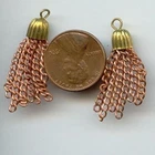 6 VINTAGE BRASS CORRUGATED CAP 6 COPPER COATED CHAIN 1.25" TASSELS T78