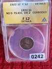 RARE NO D 1922 Lincoln Cent No D FS-401 Die 2 Error ANACS F12 Details BN ref#242
