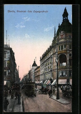 AK Berlin, Friedrichstraße Ecke Leipzigerstraße mit Cafe Equitable und Bus 1915 