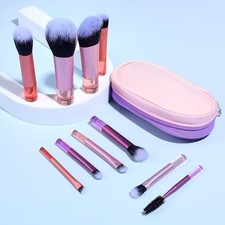 Travel Makeup Brush Set, Portable Mini Cosmetic Brushes with Case Full Pink