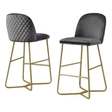 Quilted Back Barstools 29" Set of 2 in Dark Gray Velvet and Gold Base