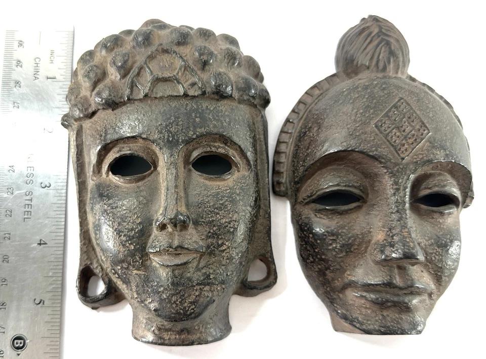 Pair of Asian Buddha Wall Masks Resin Bronze Finish 5” Decorative Hanging Art - Image 2 of 4