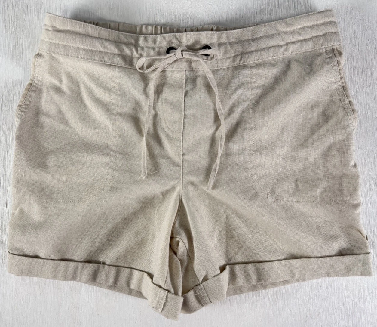 Per Se Shorts Ivory Tan Linen Blend Women's Size Small Tie Elastic Coastal