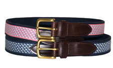 Two VINEYARD VINES Pink  Blue Whale Ribbon Webbing  Brown Leather Belts 32"