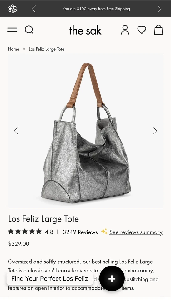 Bolso de Mano Hobo The Sak "Los Feliz" Plateado Oscuro Cuero Metálico Ret. $229 Usado en Excelente Condición Foto 2 de 4