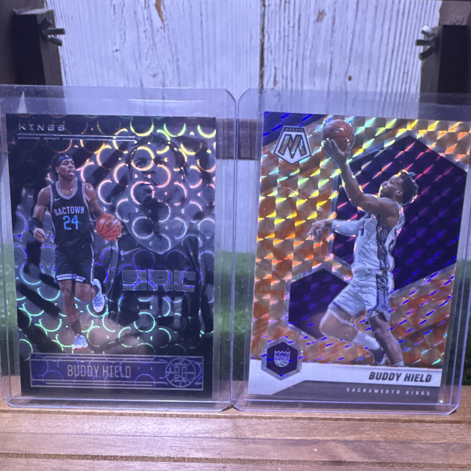 Buddy Hield 2 Card Lot - 2020-21 Illusions Circle Prizm, Mosaic Orange Reactive