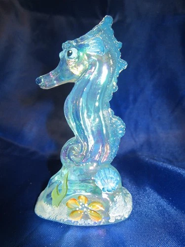 Fenton Art Glass Iridized Blue Seahorse Figurine Signed M. Young Rare