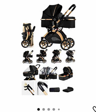 Black/Gold 3-in-1 Travel System Pushchair Pram Carrycot Folding Rain Cover