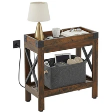 Narrow End Table with Charging Station, Rustic Brown Side Table with 2 USB Po...